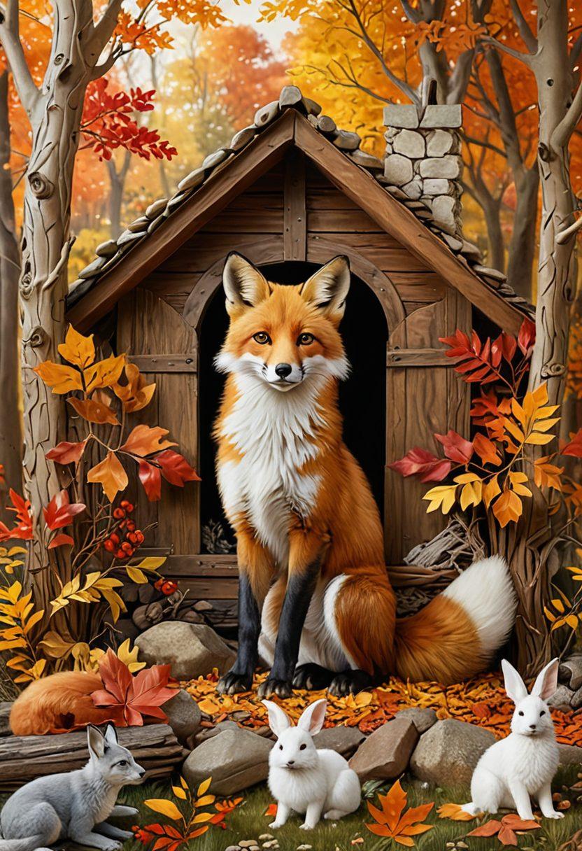 A playful fox surrounded by vibrant autumn foliage, engaging with curious woodland animals like rabbits and birds, with a cozy cabin in the background featuring animal-themed decorations. The scene exudes warmth and harmony in nature, inviting animal lovers to explore. super-realistic. vibrant colors. cozy atmosphere.