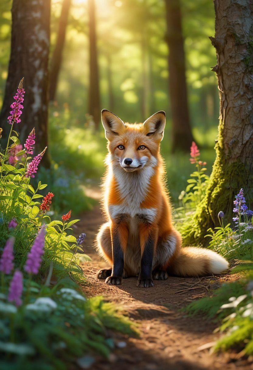 A heartwarming scene depicting a playful fox interacting with a child in a lush, green forest. The fox exhibits curious behavior, with its ears perked up, while the child is kneeling down, laughing and reaching out gently. Surrounding them are vibrant wildflowers and soft sunlight streaming through the trees, creating a magical atmosphere of companionship. super-realistic. vibrant colors. nature-focused.